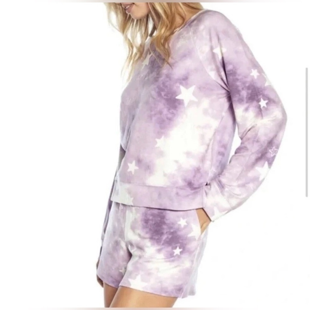 Wildfox Tie Dye Stars purple and white lounge sweatshirt & shorts size small EUC